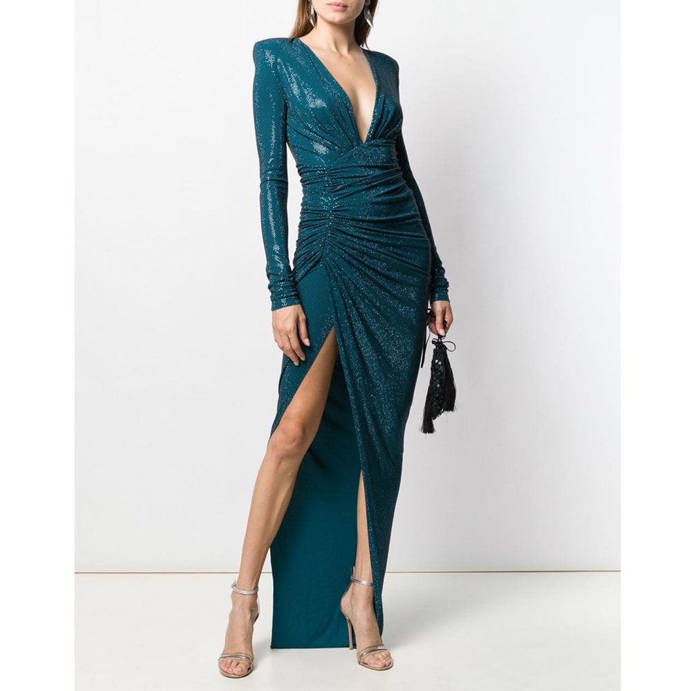 Alexandre Vauthier Teal Green Ruched Crystal Gown Dress FR38